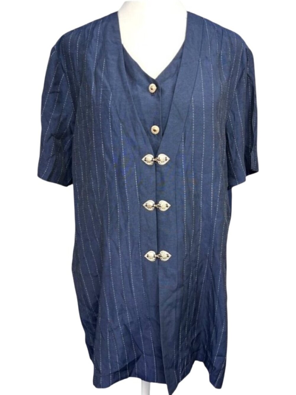 Vintage Navy Pinstripe Blouse Silver Clasp Layered Dickey Insert Reina Medium